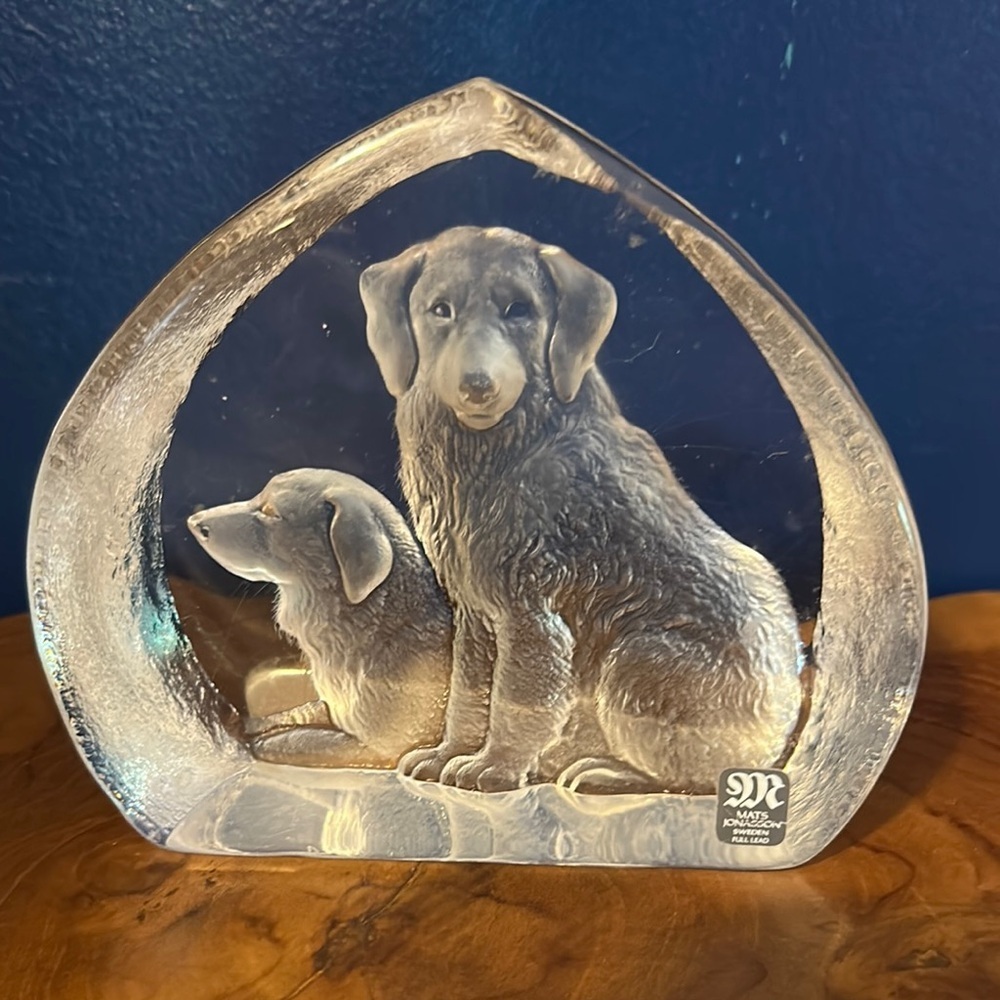 Mid Century Mats Jonasson Golden Retriever Dogs Crystal Glass Art Paperweight 5”